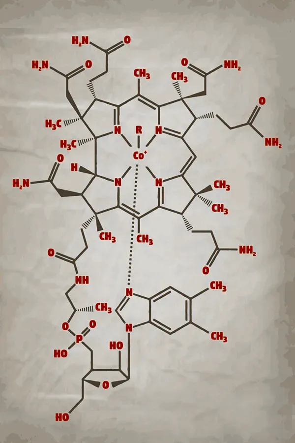 An illustrated depiction of a Vitamin B12 molecule structure on an aged paper background. Receive Lipo-B12 Weight Loss Injections offered by Christine Collins, MD in Westside/Beverly Hills.