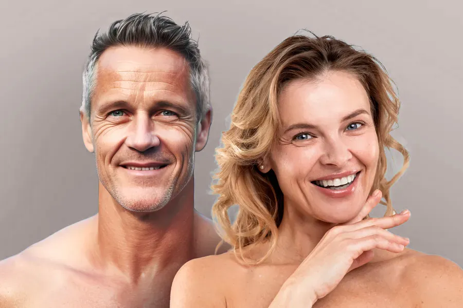 A middle-aged couple with smooth, beautiful skin. Get Biotin IV therapy from Christine Collins, MD in Westside/Beverly Hills.