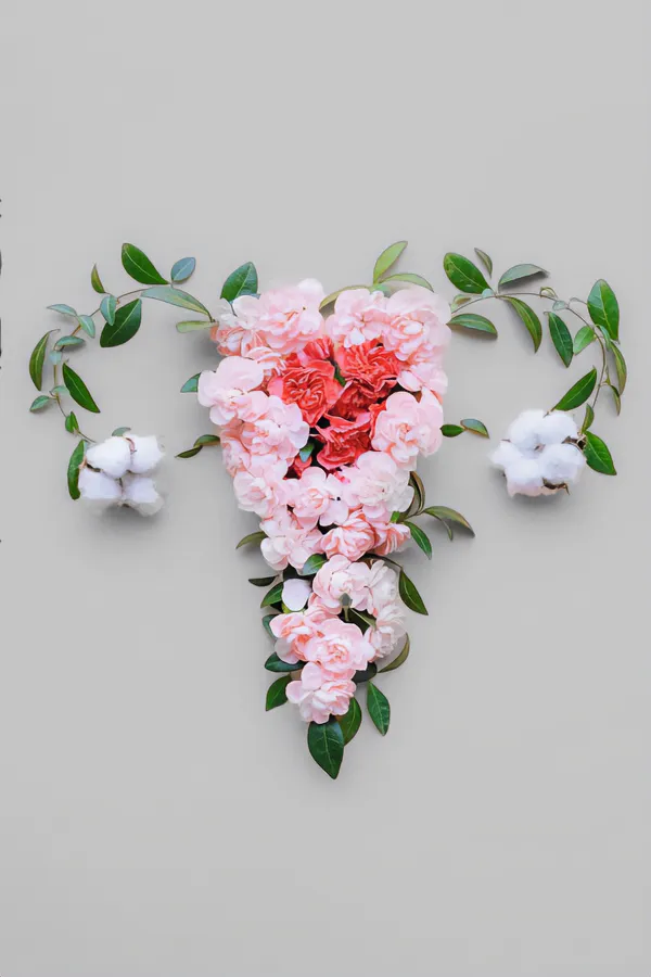 Flowers on a gray background, arranged in the shape of the female reproductive system, representing Endometriosis treatment from Christine Collins, MD in Westside/Beverly Hills.