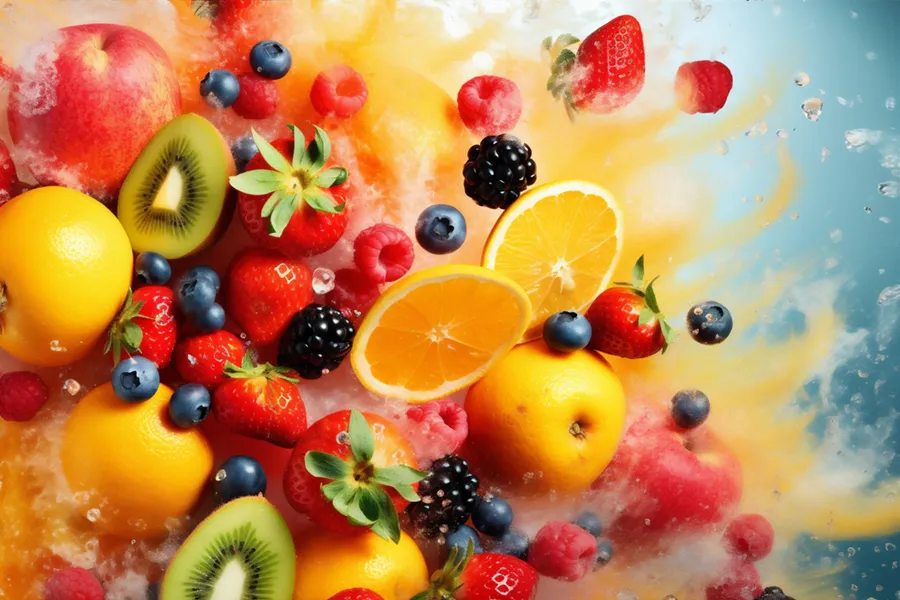 Illustration of vitamin infused fruits bursting. Schedule High Dose Vitamin C IV treatment from Christine Collins, MD in Westside/Beverly Hills.