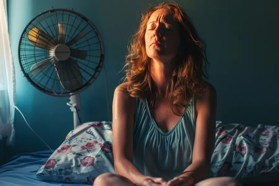 A middle-aged red-haired woman sits in bed sweating with a fan behind her, unable to sleep. Get treatment for hot flashes and night sweats from Christine Collins, MD in Westside/Beverly Hills.