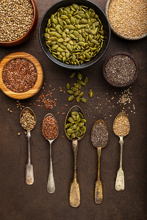 A selection of mineral-rich seeds. Get Mineral Vitamin Injection treatment from Christine Collins, MD in Westside/Beverly Hills.