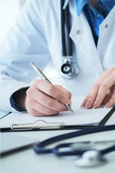 Close up of a doctor in a white coat, writing on a notepad, representing functional medicine testing offered by Frank Lanzisera, D.C. in Tampa Bay Metro.