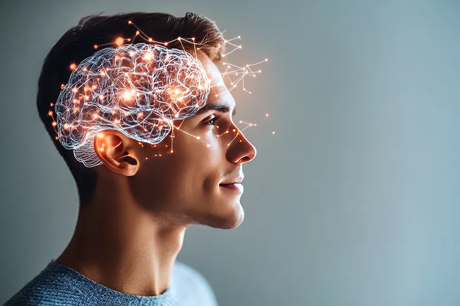 A man with a 3D image of brain neural networks superimposed over his head. Get brain mapping treatment from Frank Lanzisera, D.C. in Tampa Bay Metro.