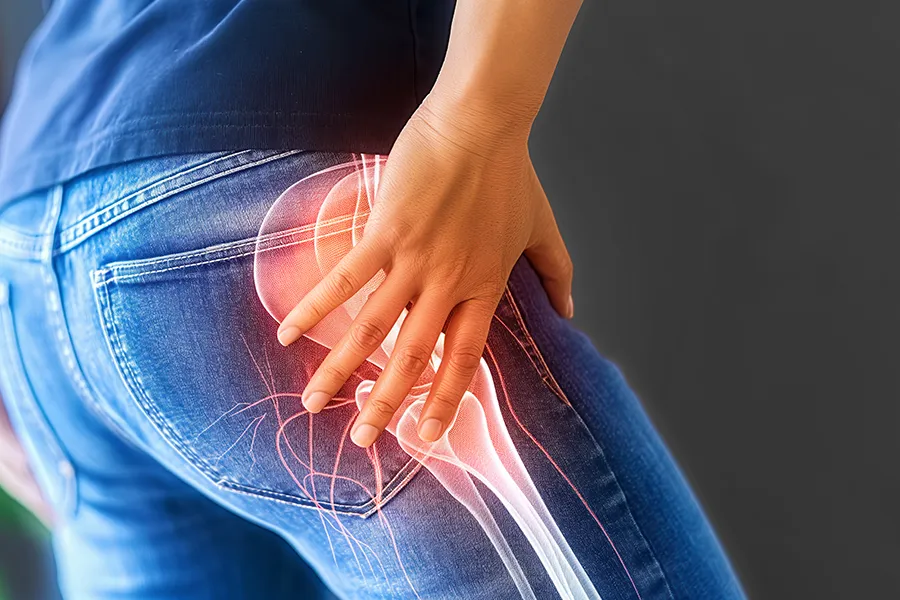 A man holds his hip which shows an inflamed area. Schedule treatment for chronic inflammation from Frank Lanzisera, D.C. in Tampa Bay Metro.