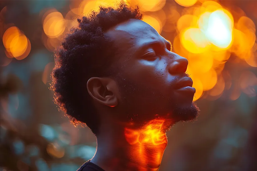 A man looks up with an illustration of an inflamed thyroid overlayed. Schedule hyperthyroidism treatment from Frank Lanzisera, D.C. in Tampa Bay Metro.