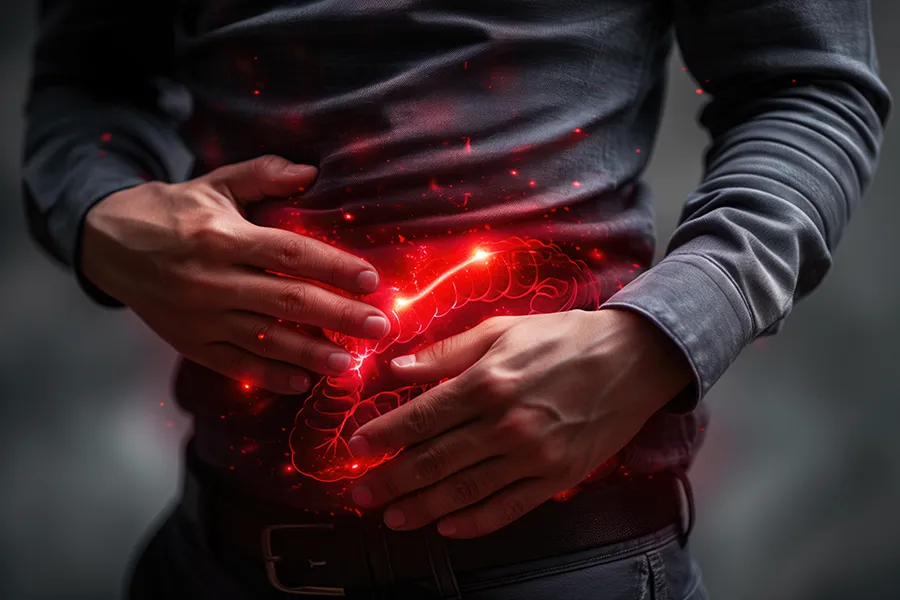 A man clutches his abdomen, with a digital illustration of inflamed intestines glowing in red. Frank Lanzisera, D.C. offers advanced inflammatory bowel disease (IBD) treatment in Tampa Bay Metro using functional medicine and gut-focused therapies.