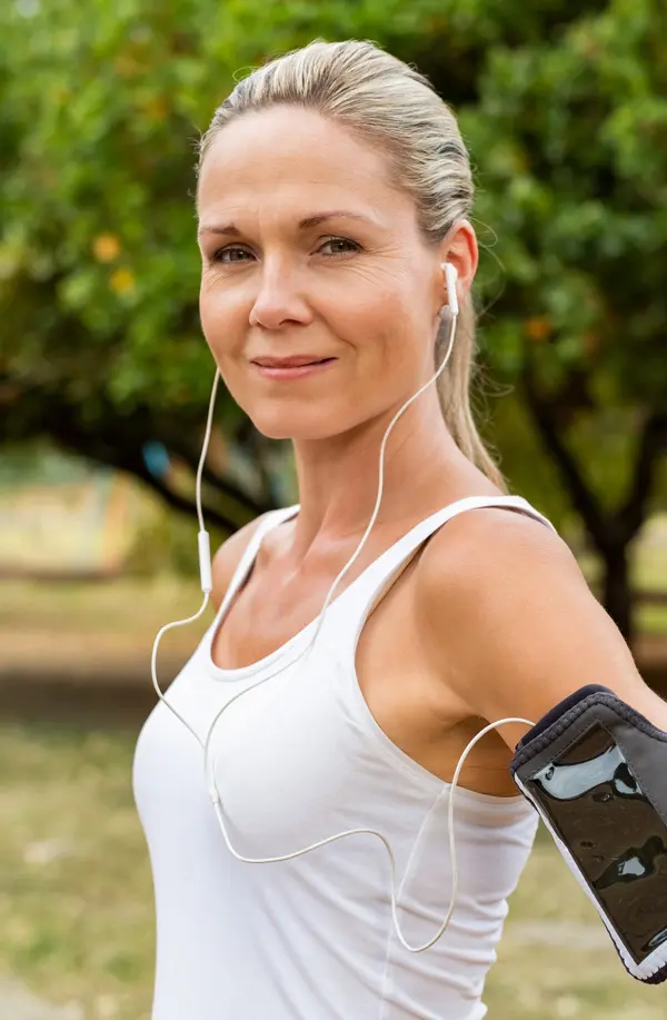 A fit middle aged woman wearing earphones and a tank top smiles after a run. Get insulin resistance treatment from Frank Lanzisera, D.C. in Tampa Bay Metro.