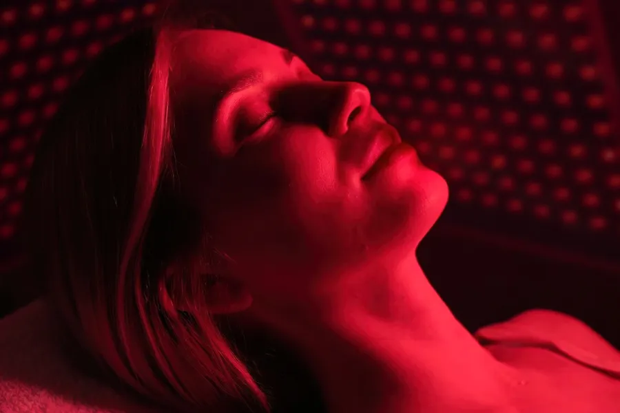 A woman lies in a red light therapy device. Get red light therapy from Frank Lanzisera, D.C. in Tampa Bay Metro.