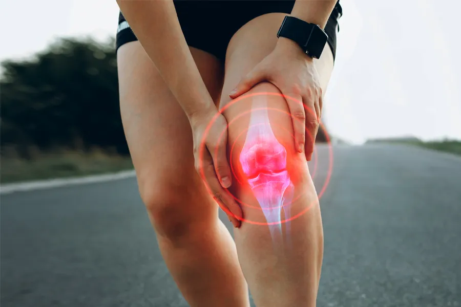 Close up of a female jogger holding her knee with an illustration of the knee joint with red radiating circles indicating pain, which can be relieved with exosome treatment for knee pain from Frank Lanzisera, D.C. in Tampa Bay Metro.