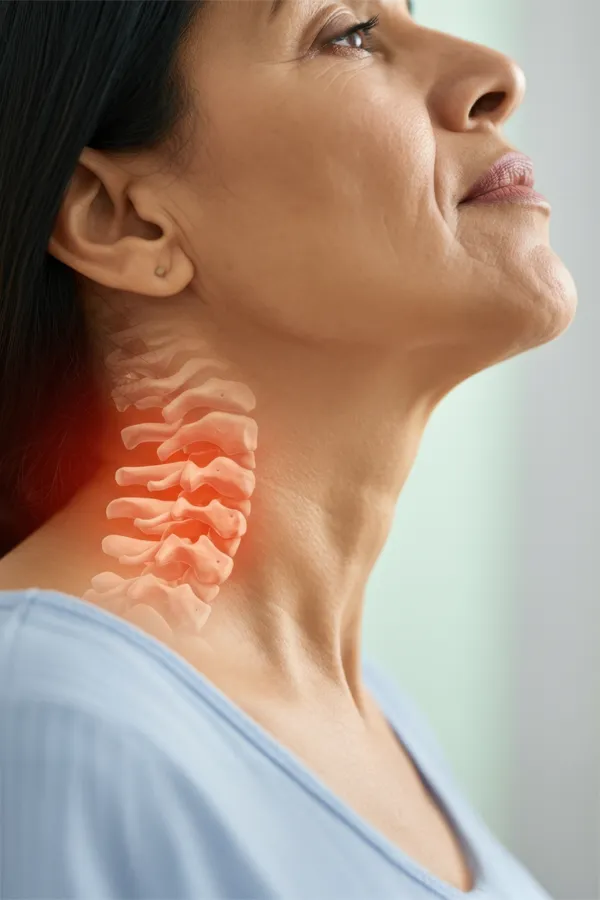 A woman with an illustration of an inflamed spinal column in her neck. Get Regenerative Medicine for Neck Pain from Frank Lanzisera, D.C. in Tampa Bay Metro.