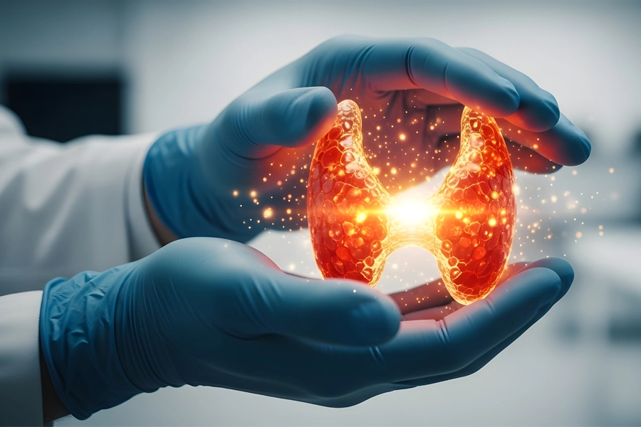 A doctor's hands holding a 3D illustration of a thyroid. Get treatment for thyroid issues from Frank Lanzisera, D.C. in Tampa Bay Metro.
